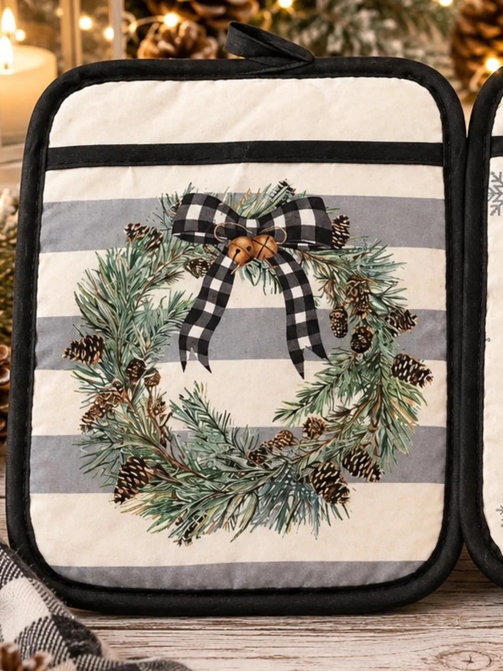 Holiday Farmhouse Joyful Reindeer and Wreath Pot Holder Set